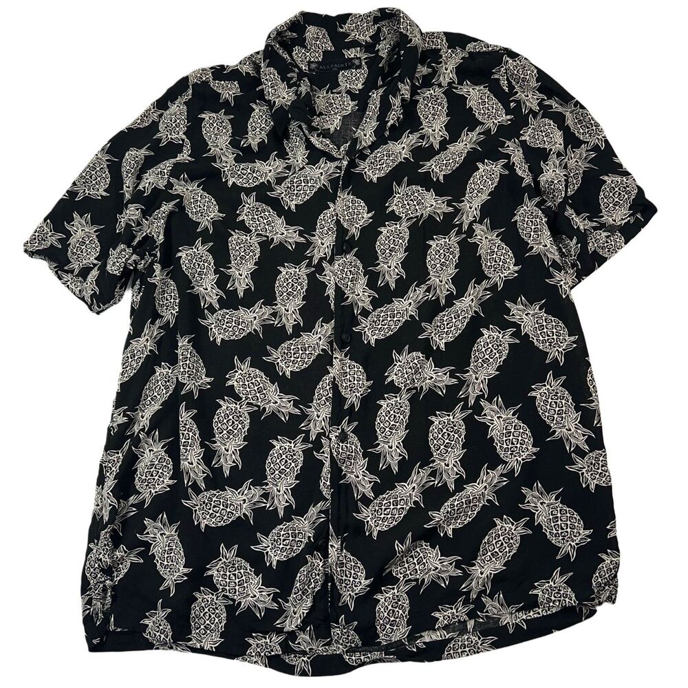 AllSaints Shirt Men's Size XXL Hawaiian Pineapple AOP Black Vacation Button Up